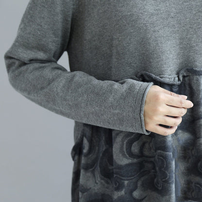 Gray Clouds Print Patchwork Winter Dresses Sweat Dress Cotton Maternity Clothing