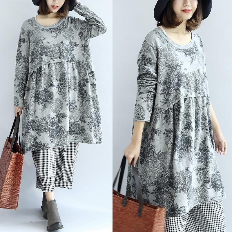 Gray Knit Print Cotton Dresses Oversized Pullover Maternity Dress Blouses
