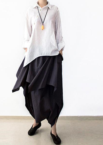 Early Fall Navy Linen Crop Pants Wide Leg Cotton Pants Asymmetric Design