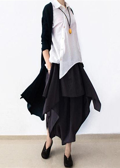 Early Fall Navy Linen Crop Pants Wide Leg Cotton Pants Asymmetric Design