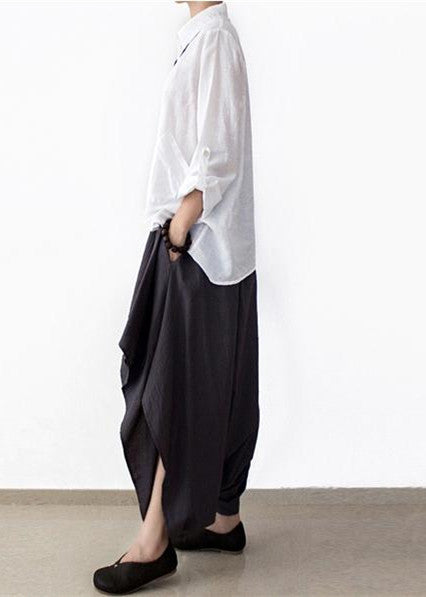 Gray Layered Linen Carrot Pants Plus Sized Linen Pants Asymmetrical Design