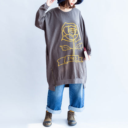 Gray Rose Print Cotton Spring Dresses Zippered Hem Details Oversize Dress