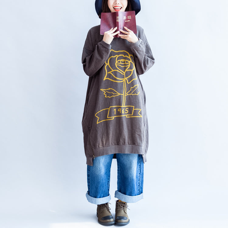 Gray Rose Print Cotton Spring Dresses Zippered Hem Details Oversize Dress