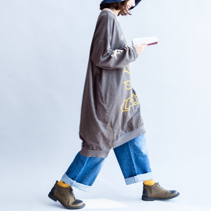 Gray Rose Print Cotton Spring Dresses Zippered Hem Details Oversize Dress