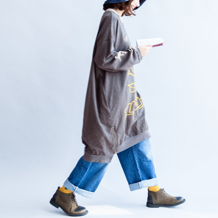 Gray Rose Print Cotton Spring Dresses Zippered Hem Details Oversize Dress
