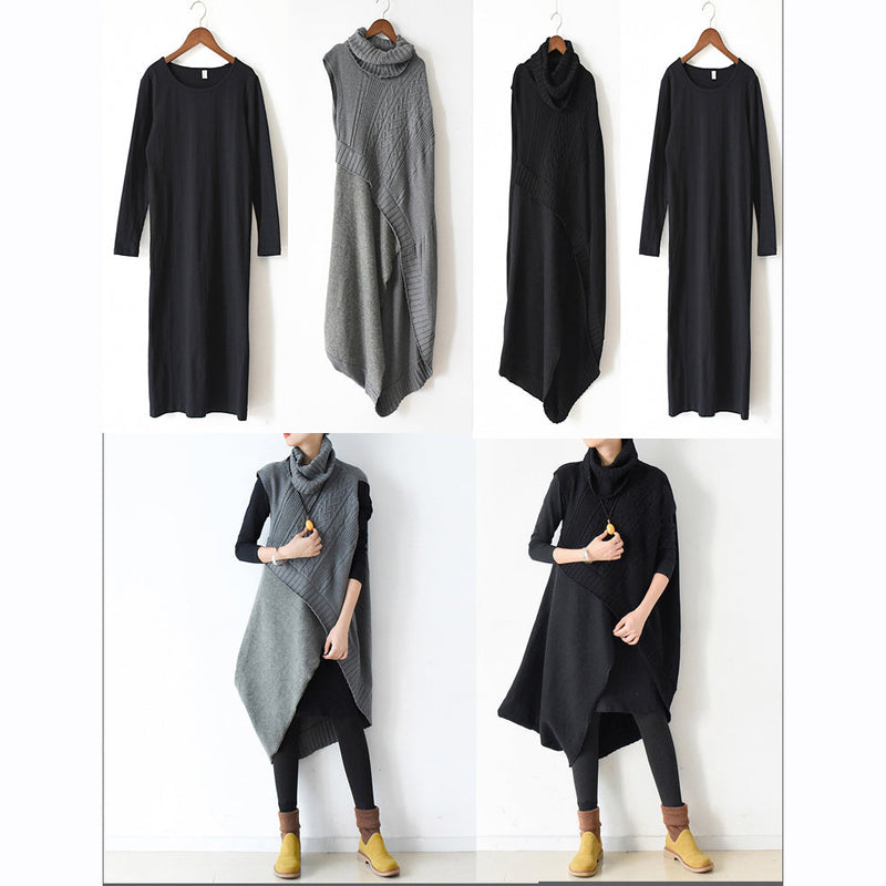 Gray Sweaters Set Warm Knit Dresses Two Pieces Cross Design Spring