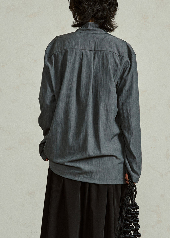 Grayish Blue Lace Up Cotton Shirts Stand Collar