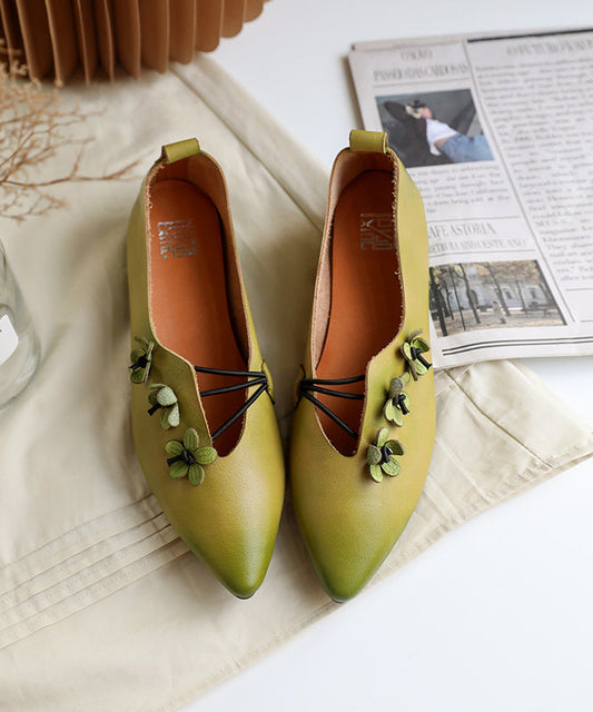 Green Asymmetrical Flat Shoes Pointed Toe Cowhide Leather Flat Shoes for