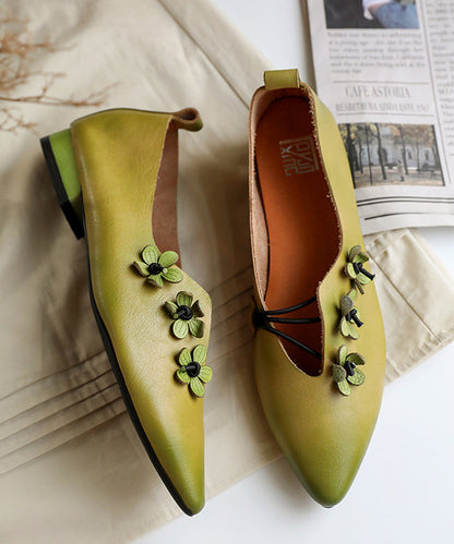 Green Asymmetrical Flat Shoes Pointed Toe Cowhide Leather Flat Shoes for