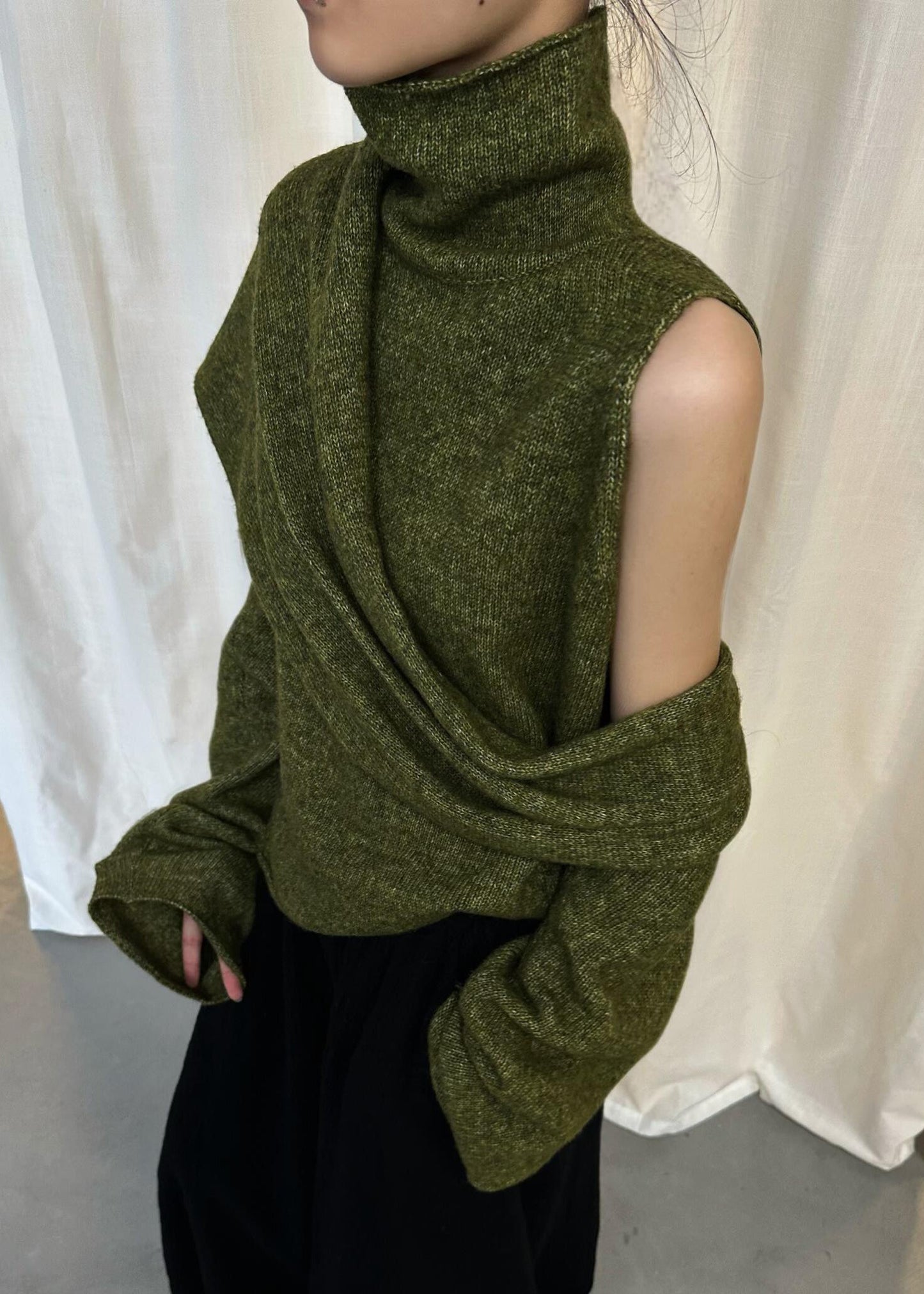 Green Asymmetrical Knit Sweater Turtleneck Winter
