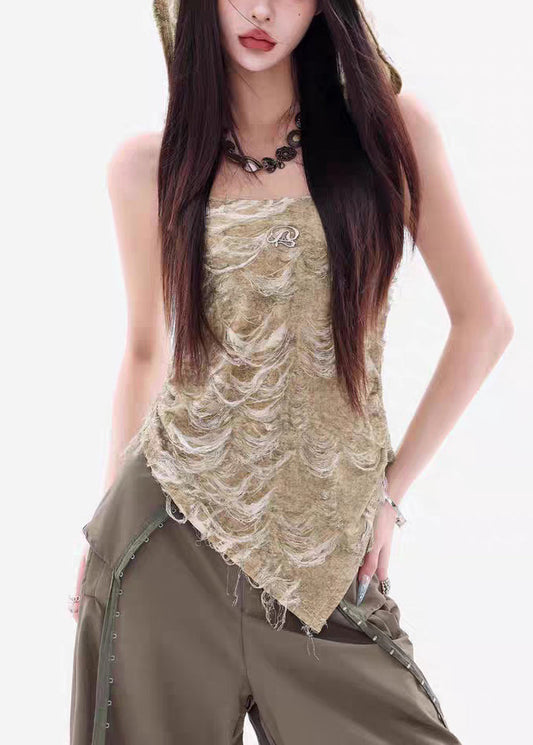 Green Backless Original Design Cotton Sleeveless Top Hooded