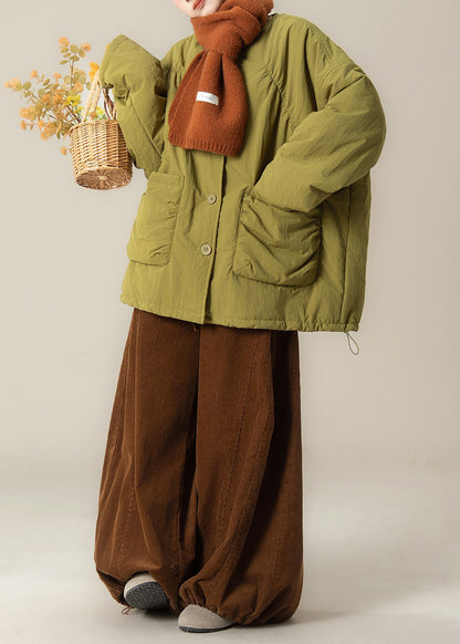 Green Button Cotton Filled Coat and Coffee Drawstring Pants Winter Two Pieces Set O Neck