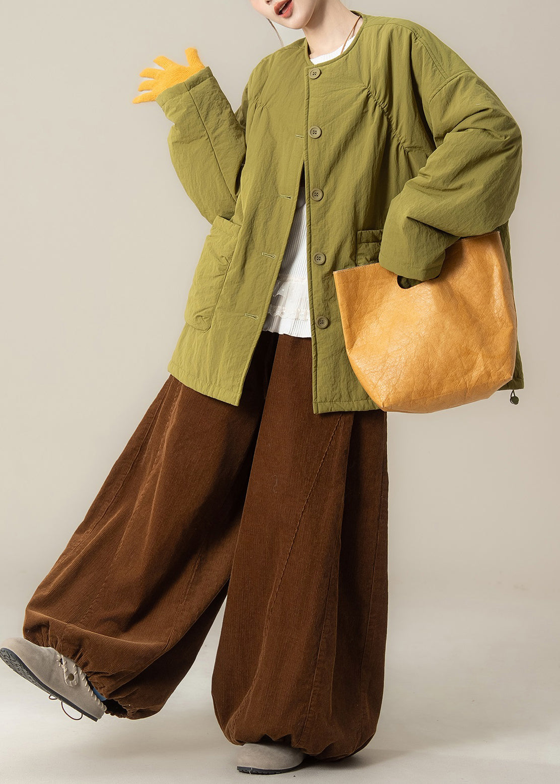 Green Button Cotton Filled Coat and Coffee Drawstring Pants Winter Two Pieces Set O Neck