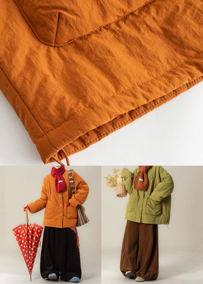 Green Button Cotton Filled Coat and Coffee Drawstring Pants Winter Two Pieces Set O Neck