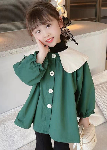 Green Button Cotton Coats Peter Pan Collar Long Sleeve