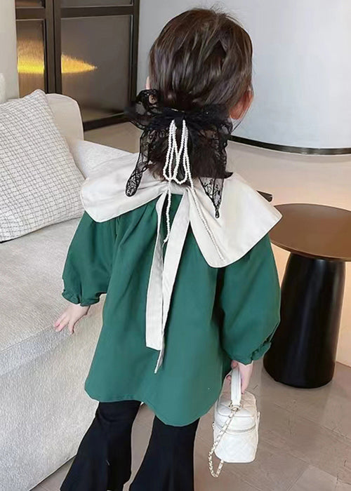 Green Button Cotton Coats Peter Pan Collar Long Sleeve