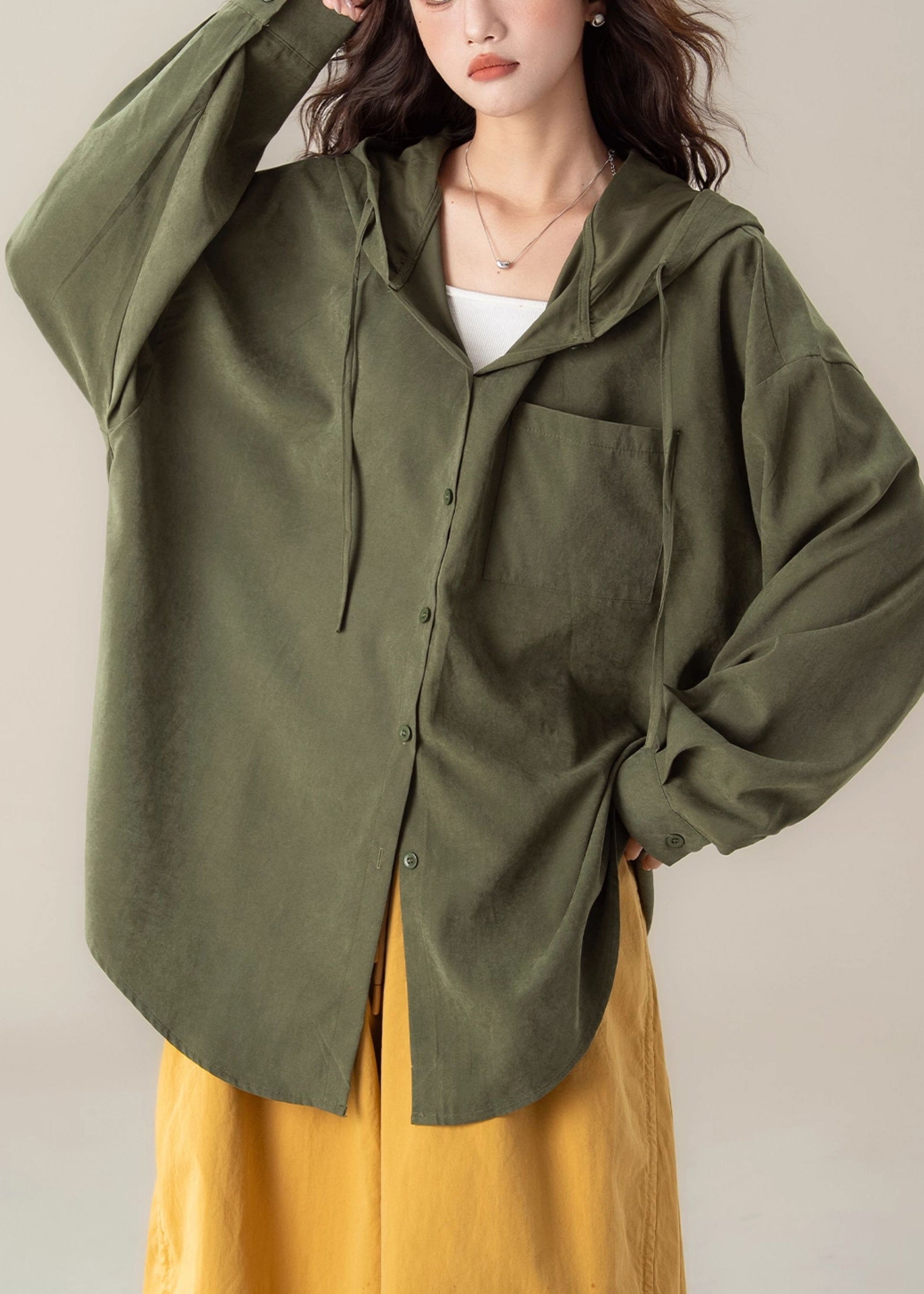 Green Button Lace Up Cotton Spring Blouses Hooded