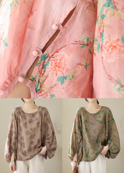 Green Button Loose Cotton T Shirt O Neck Lantern Sleeve