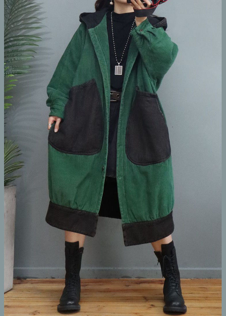 Green Button Pockets Corduroy Thick Winter Coats