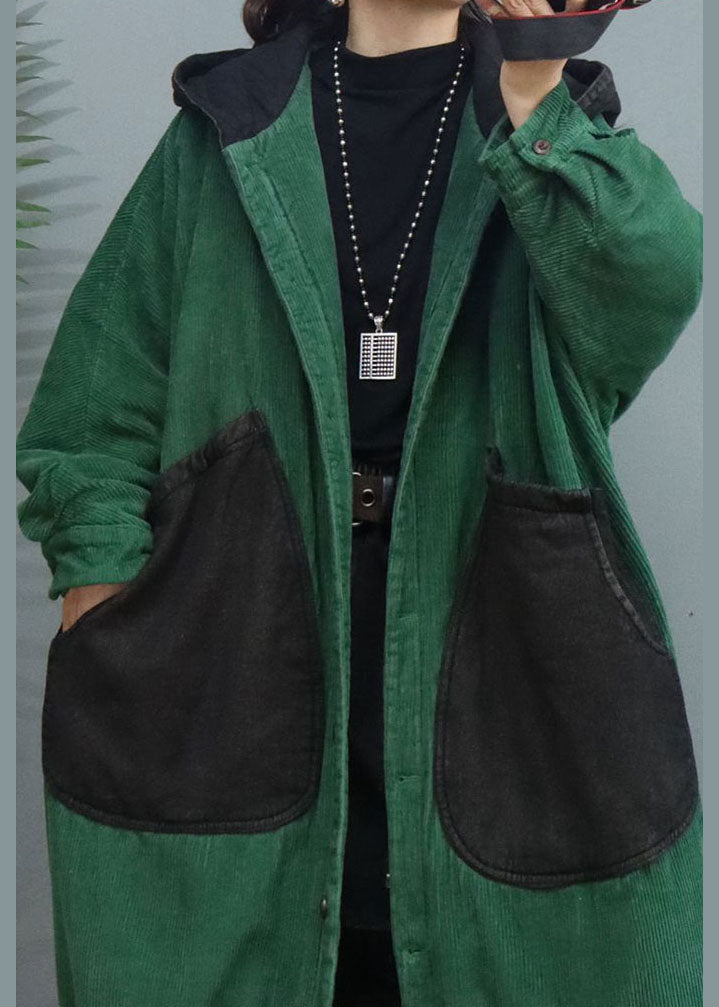 Green Button Pockets Corduroy Thick Winter Coats