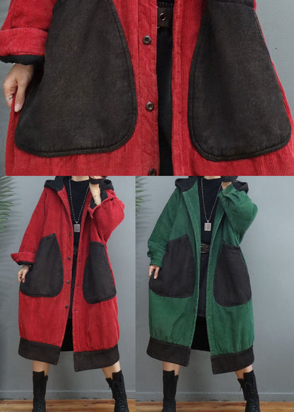 Green Button Pockets Corduroy Thick Winter Coats