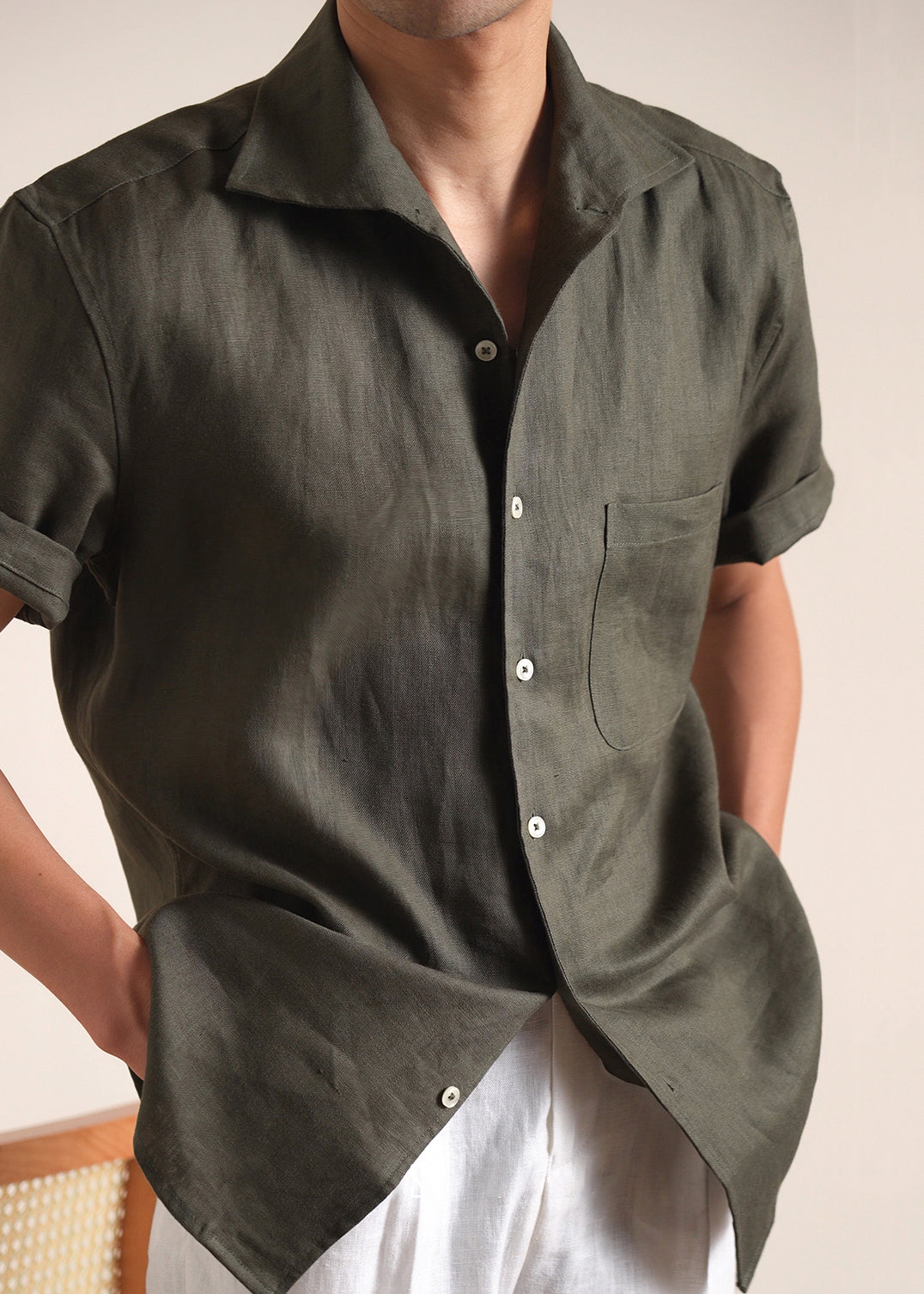 Green Button Pockets Cotton Shirts Peter Pan Collar
