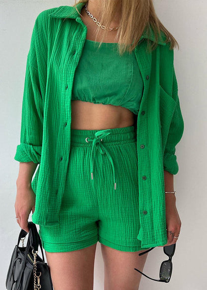 Green Button Shirts Vests and Shorts Three Pieces Set Summer
