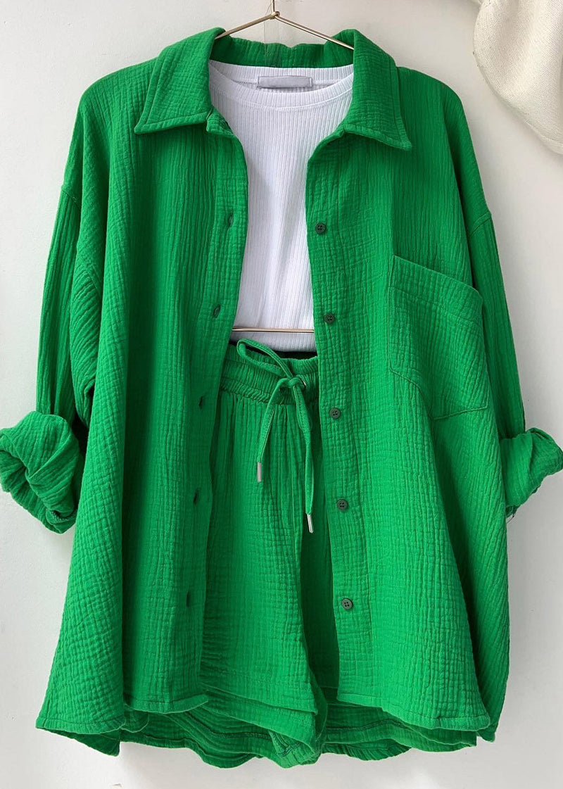 Green Button Shirts Vests and Shorts Three Pieces Set Summer