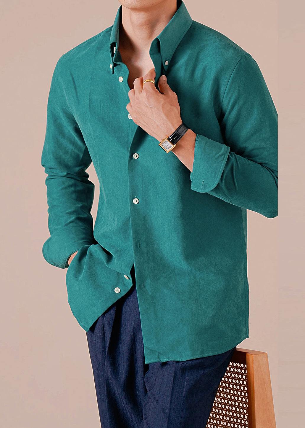 Green Button Solid Cotton Shirt Men Peter Pan Collar Long Sleeve