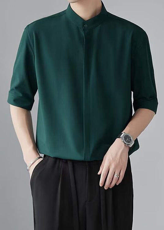 Green Button Half Sleeve Shirt Stand Collar