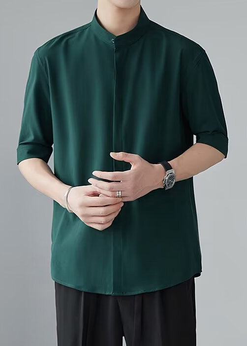 Green Button Half Sleeve Shirt Stand Collar