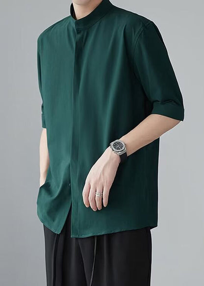 Green Button Half Sleeve Shirt Stand Collar