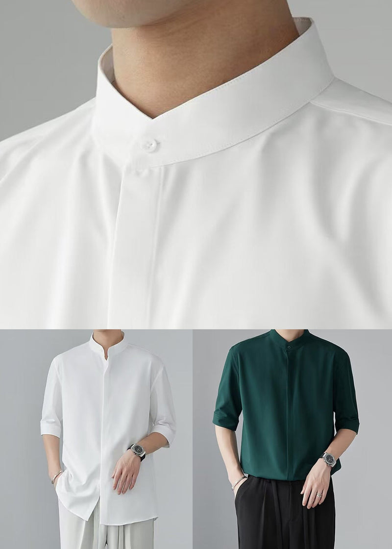 Green Button Half Sleeve Shirt Stand Collar