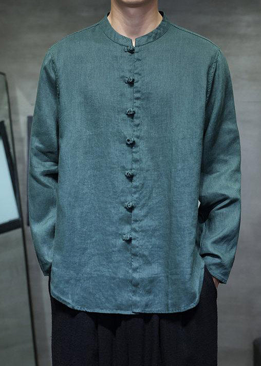 Green Button Linen Shirt Stand Collar Long Sleeve
