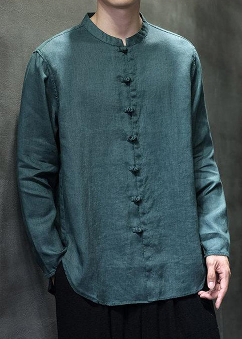 Green Button Solid Linen Shirt Men Stand Collar Long Sleeve