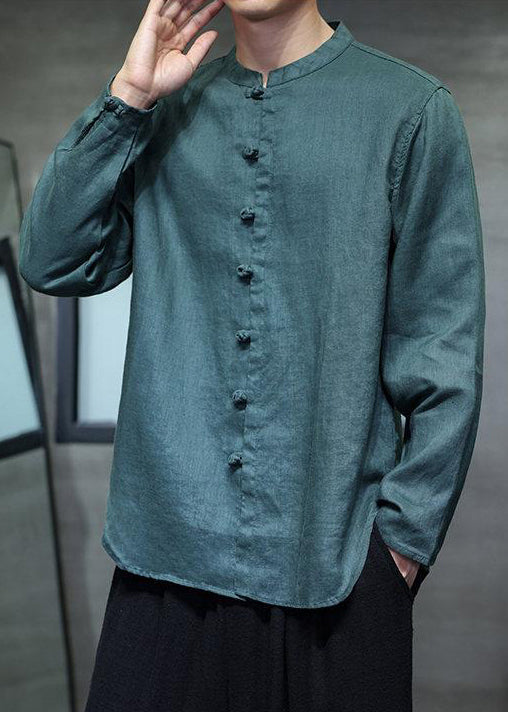 Green Button Solid Linen Shirt Men Stand Collar Long Sleeve