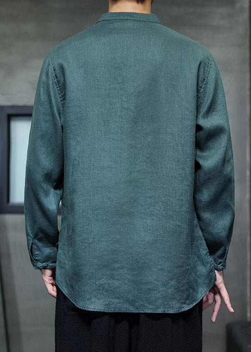Green Button Solid Linen Shirt Men Stand Collar Long Sleeve