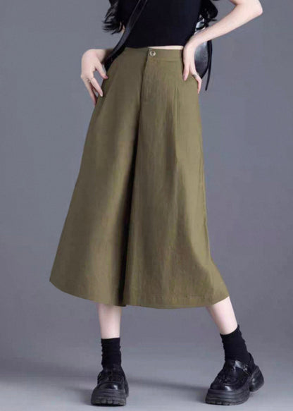 Green Button Linen Wide Leg Pants High Waist