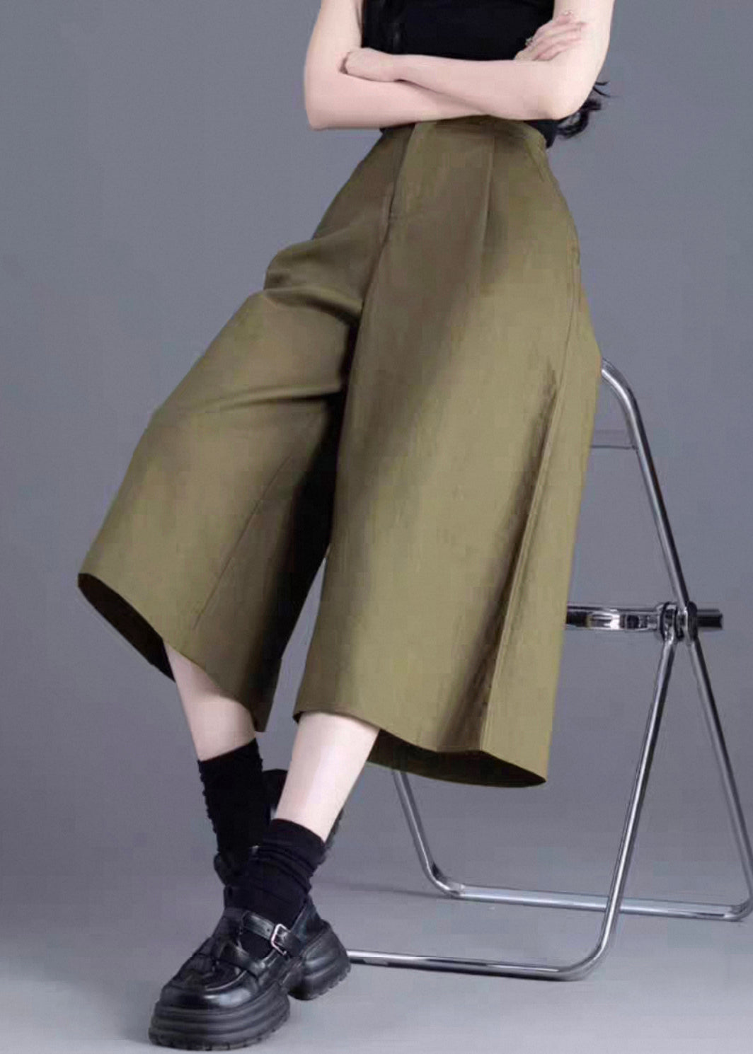 Green Button Linen Wide Leg Pants High Waist