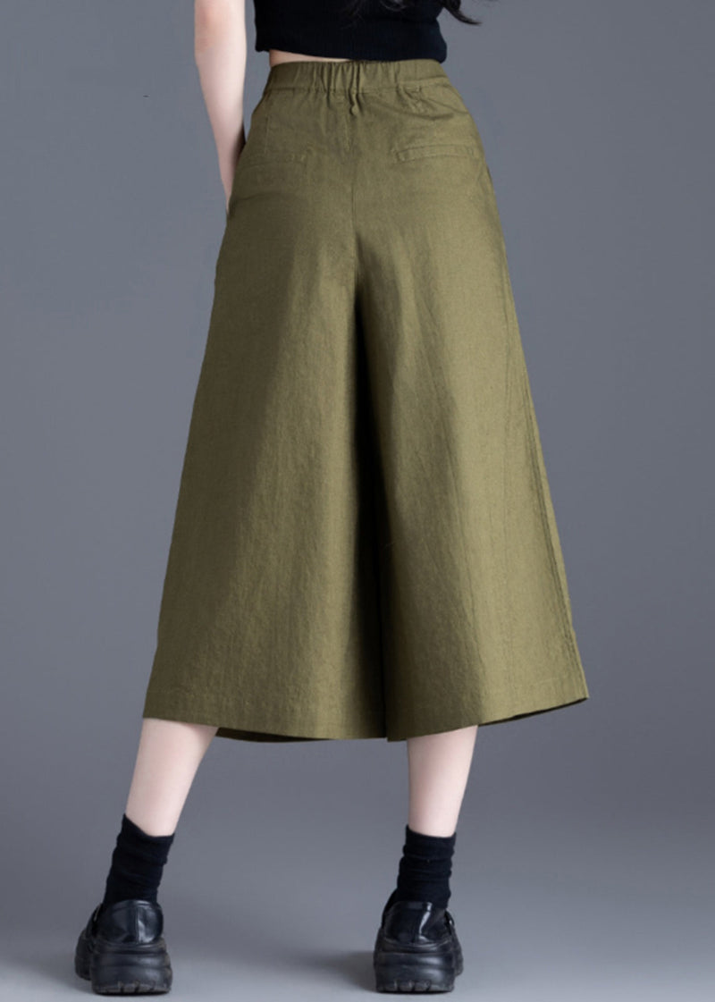 Green Button Linen Wide Leg Pants High Waist