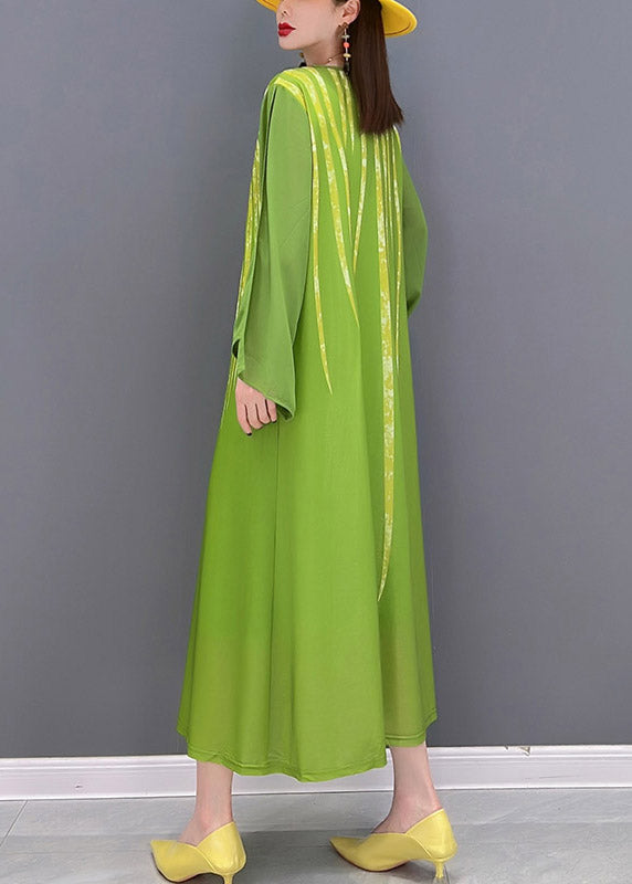 Green Chiffon Vacation Dress Appliques Lace Up Long Sleeve