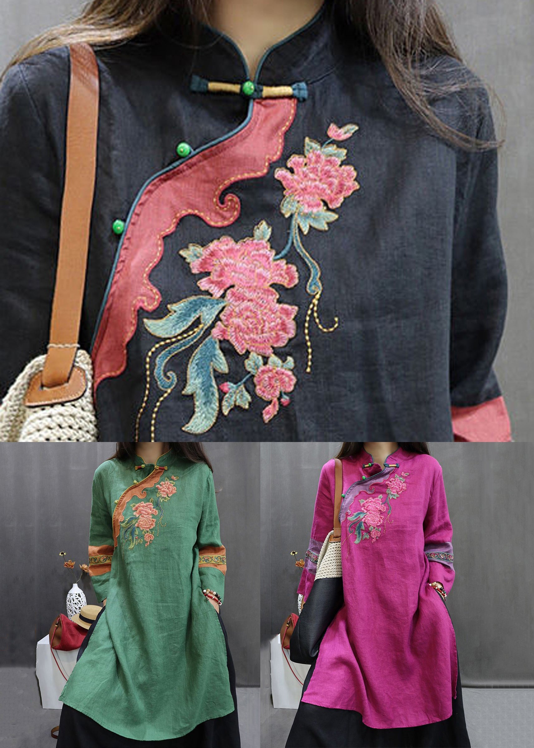 Green Chinese Button Linen Fall Shirt Embroidered