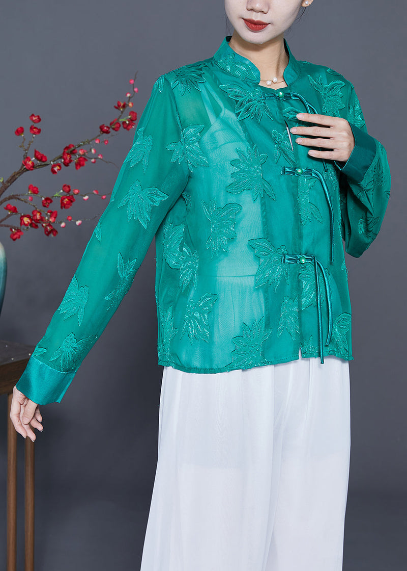 Green Chinese Style Tulle Upf 50+ Top Embroideried Tassel Summer