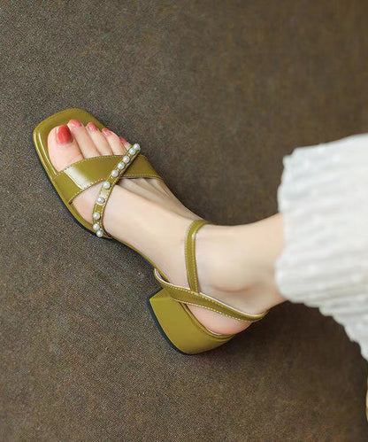 Green Chunky Heel Faux Leather Splicing Nail Bead Sandals