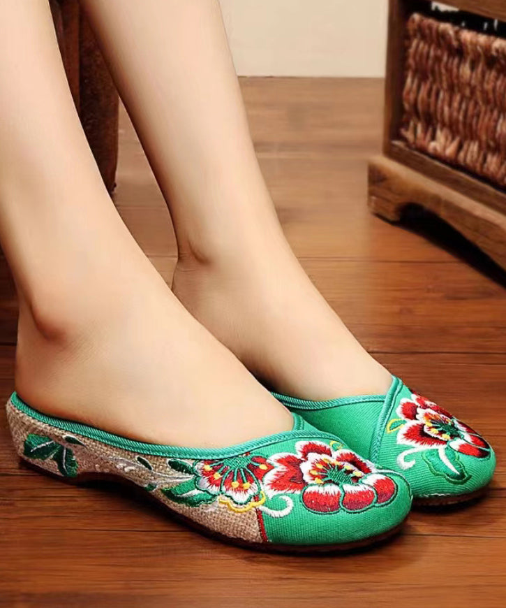 Green Cotton Fabric Retro Embroidery Splicing Slide Sandals Soolinen Shoes-20251