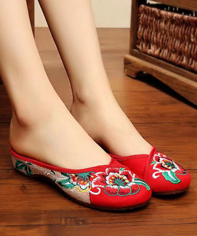 Green Cotton Fabric Retro Embroidery Splicing Slide Sandals Soolinen Shoes-20251