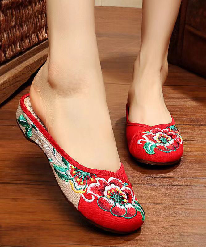 Green Cotton Fabric Retro Embroidery Splicing Slide Sandals Soolinen Shoes-20251