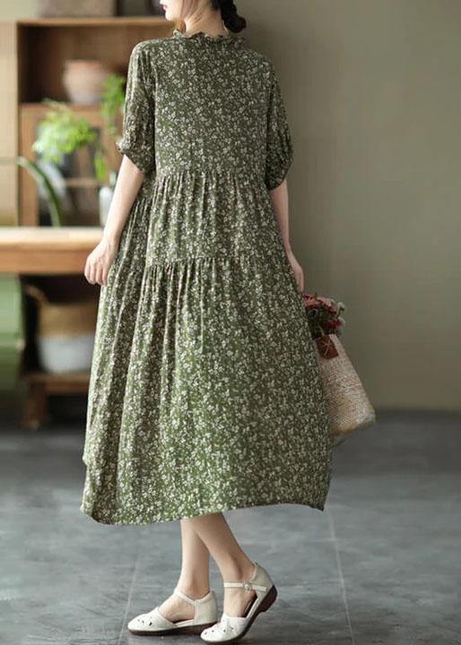 Green Cotton Linen Pleated Breasted Short Sleeve Dress