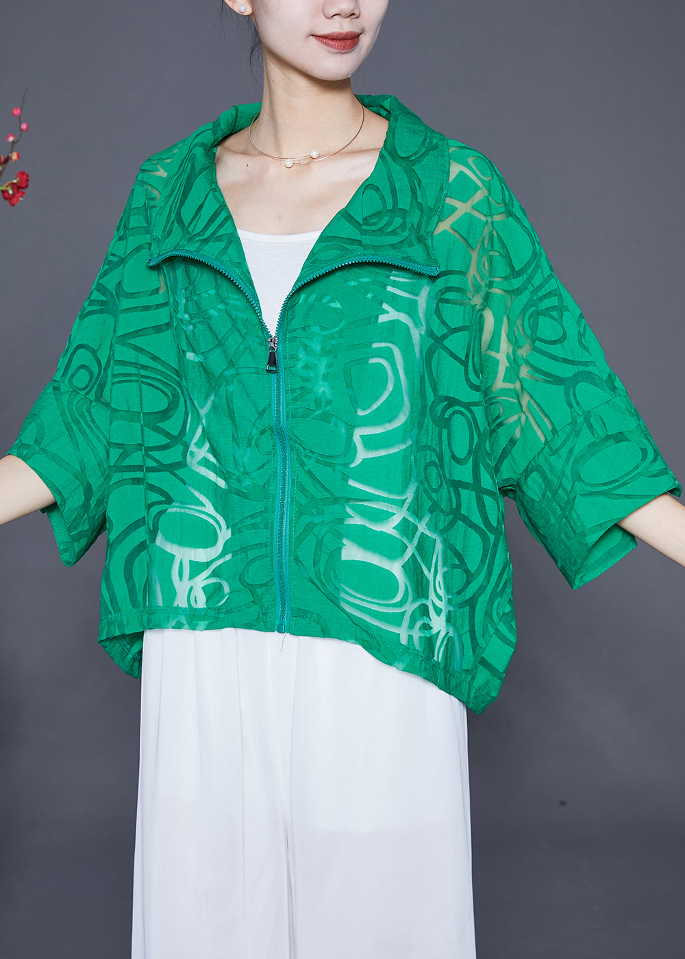 Green Cotton Upf 50+ Coat Jacket Zip Up Oversized Batwing Sleeve