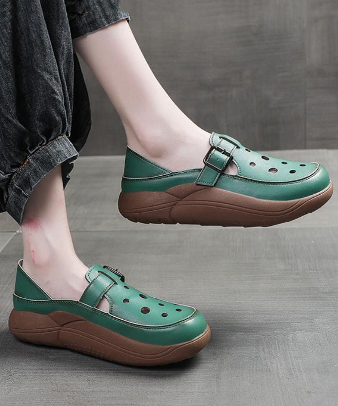 Green Cowhide Leather New Hollow Out Flat Shoes